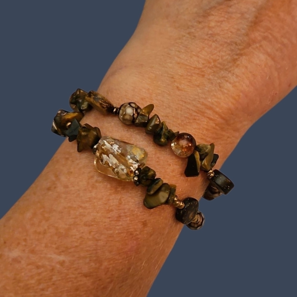 HANDMADE Set of Two Lampwork Glass Tiger Eye Beaded Stretch Bracelets